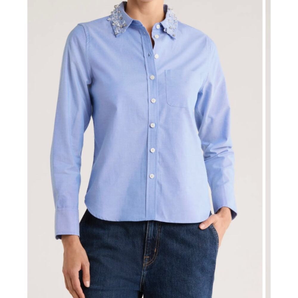 Jason Wu Light Blue Embellished Collar Button Up Shirt NEW Small- Glam, Preppy